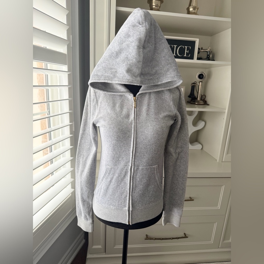 Y2K Vintage JUICY COUTURE Grey Velour Classic Track Zip Up Sweater Size Small